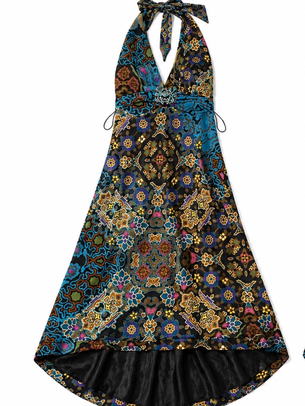 Mary L Couture Halter High-Low Mosaic Dress in Blue, Gold, Purple, Black